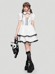 ROMWE Kawaii Contrast Lace Puff Sleeve Ruffle Hem Dress - White - View 1