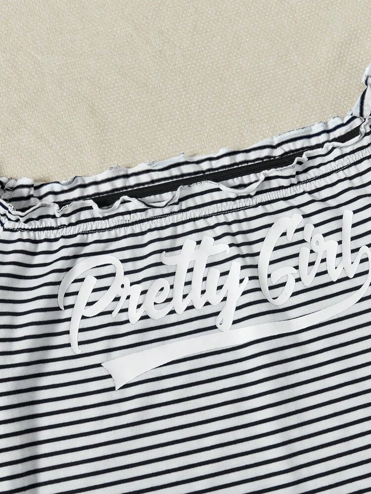 SHEIN EZwear Plus Striped & Letter Graphic Lettuce Trim Dress - White - View 4