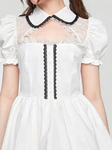 ROMWE Kawaii Contrast Lace Puff Sleeve Ruffle Hem Dress - White - View 2