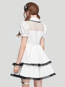 ROMWE Kawaii Contrast Lace Puff Sleeve Ruffle Hem Dress - White - View 3