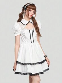 ROMWE Kawaii Contrast Lace Puff Sleeve Ruffle Hem Dress - White - View 6