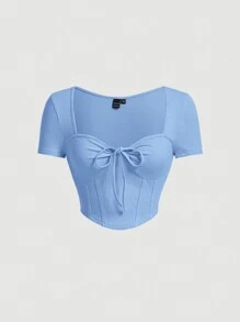 SHEIN MOD Áo thun nữ Bất đối xứng Gân đan Thắt nơ trước Nếp gấp Phần Ngực màu trơn Giải trí - Màu xanh nhạt - Xem 1