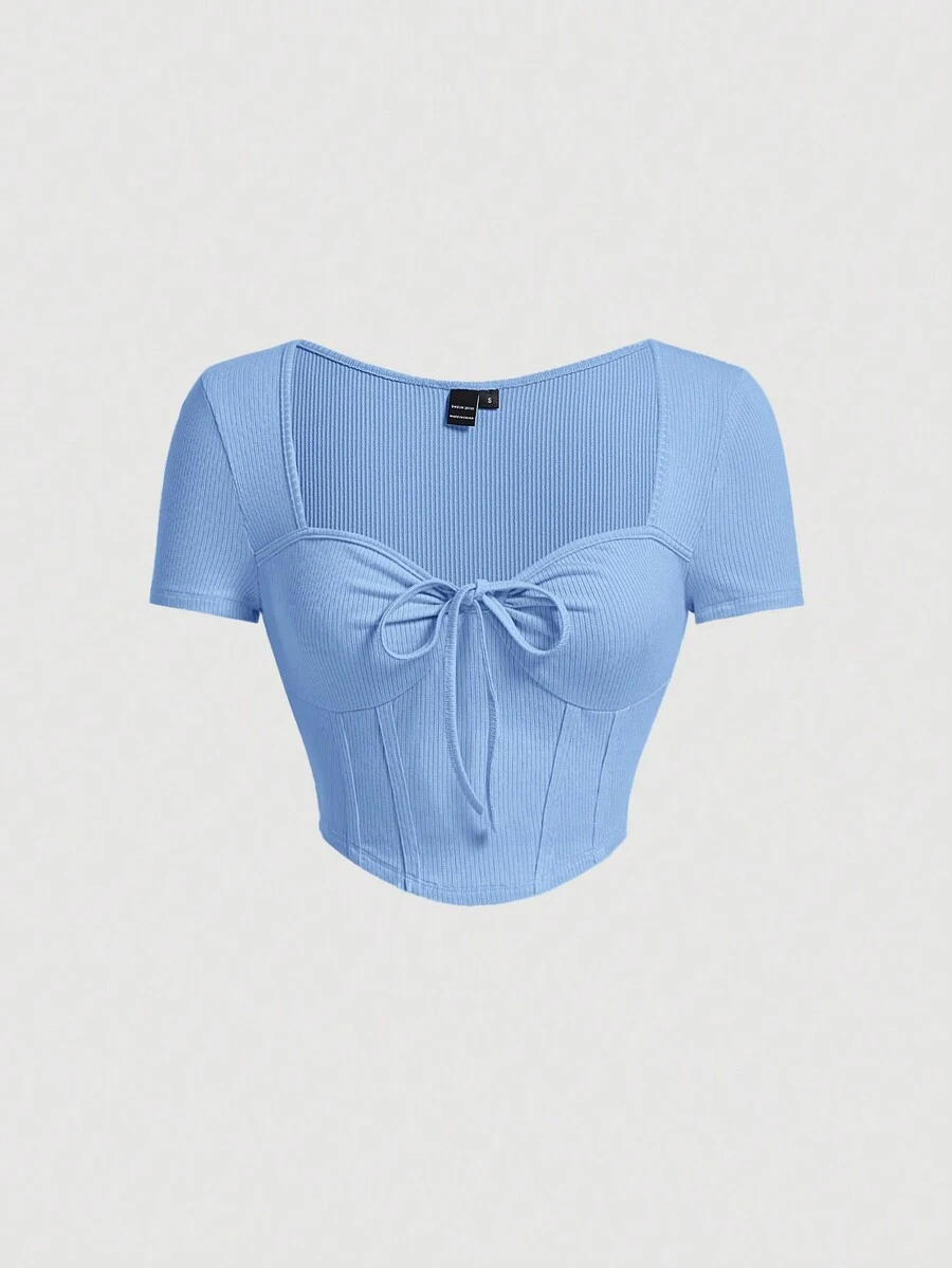 SHEIN MOD Áo thun nữ Bất đối xứng Gân đan Thắt nơ trước Nếp gấp Phần Ngực màu trơn Giải trí - Màu xanh nhạt - Xem 1