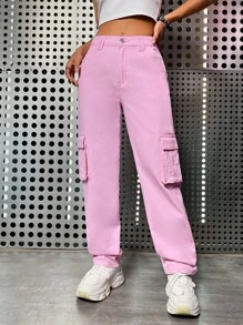 SHEIN EZwear 翻蓋口袋工裝牛仔褲 - 粉色 - 查看 3