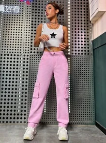 SHEIN EZwear 翻蓋口袋工裝牛仔褲 - 粉色 - 查看 4