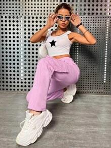 SHEIN EZwear 翻蓋口袋工裝牛仔褲 - 粉色 - 查看 5