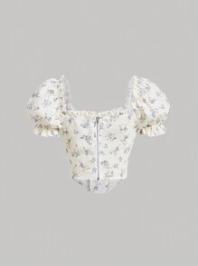 SHEIN MOD 碎花泡泡袖前繫帶襯衫 - 米色 - 查看 2