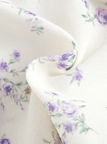 SHEIN MOD 碎花泡泡袖前繫帶襯衫 - 米色 - 查看 3