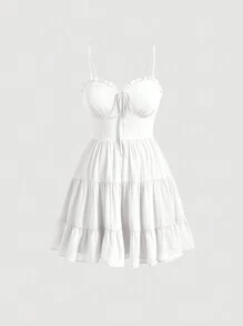 SHEIN MOD 大碼褶邊前繫帶荷葉邊吊帶洋裝 - 白色 - 查看 1