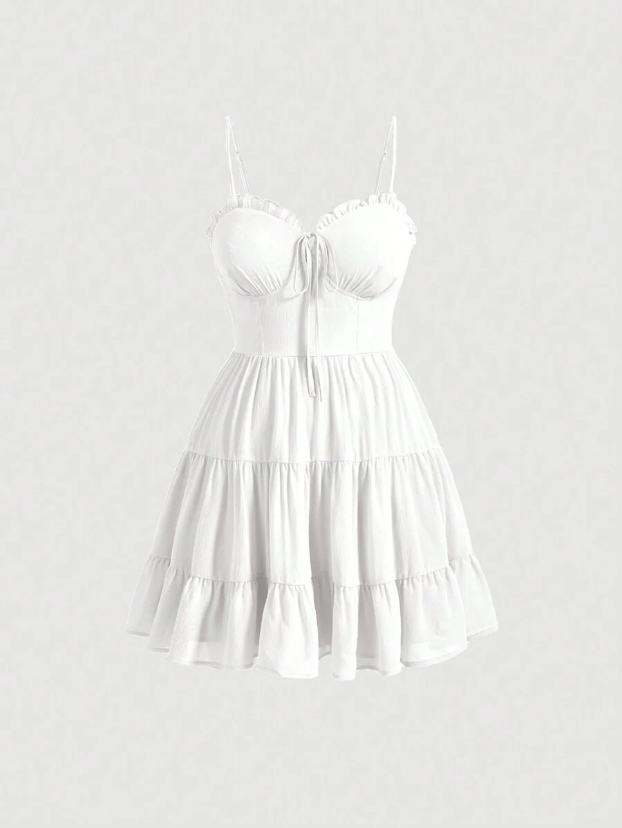 SHEIN MOD 大碼褶邊前繫帶荷葉邊吊帶洋裝 - 白色 - 查看 1