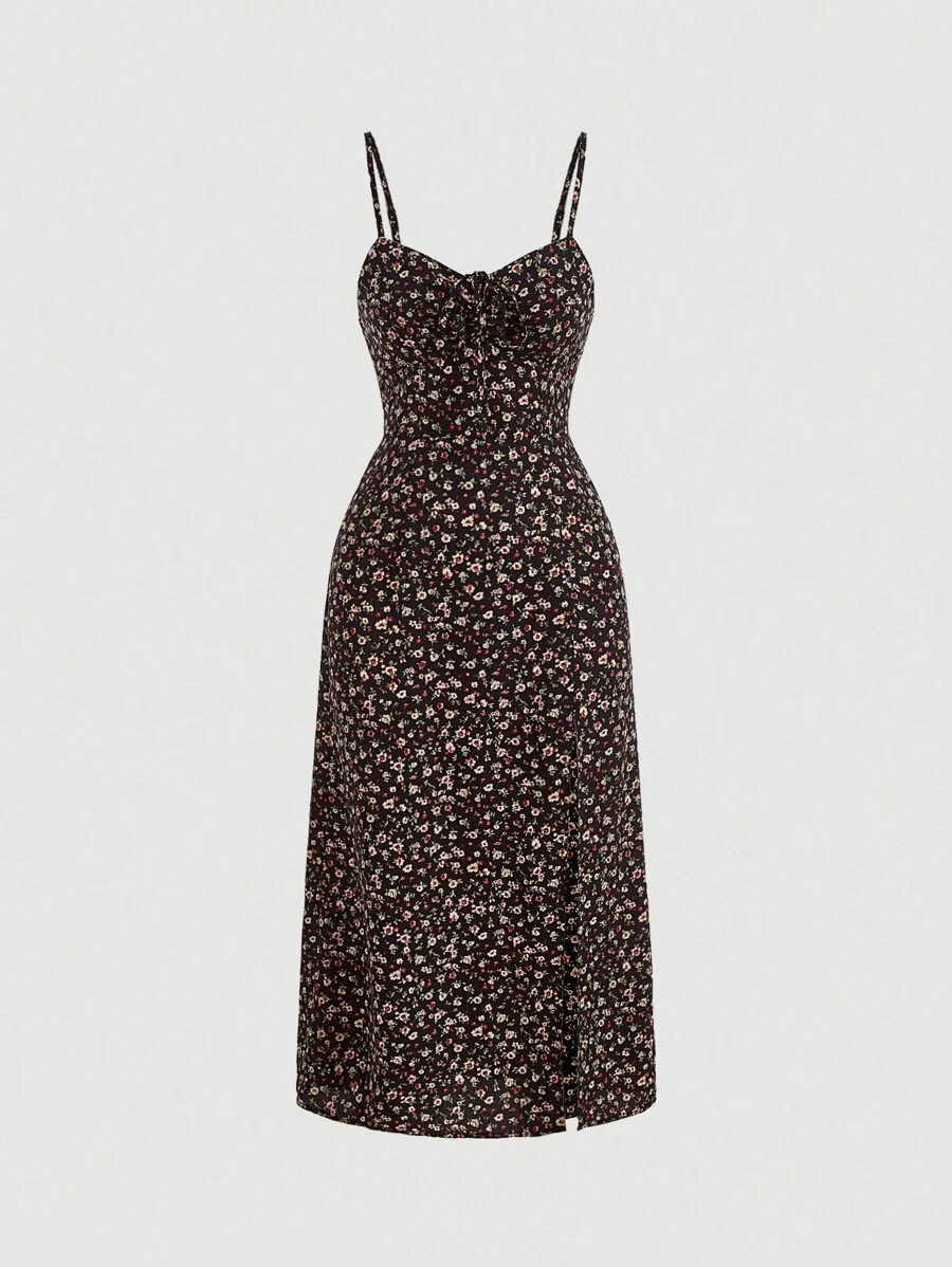 SHEIN MOD 碎花高衩吊帶連衣裙 - 黑色 - 查看 1