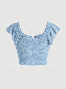 SHEIN MOD Áo thun Plus size viền lá sen Thắt nơ trước Nếp gấp Phần Ngực màu trơn Giải trí - Màu xanh nhạt - Xem 2