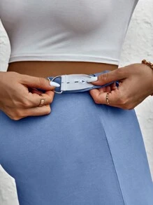 SHEIN Chân váy Bà bầu Nút Tách cao màu trơn Giải trí - Màu xanh lam - Xem 3