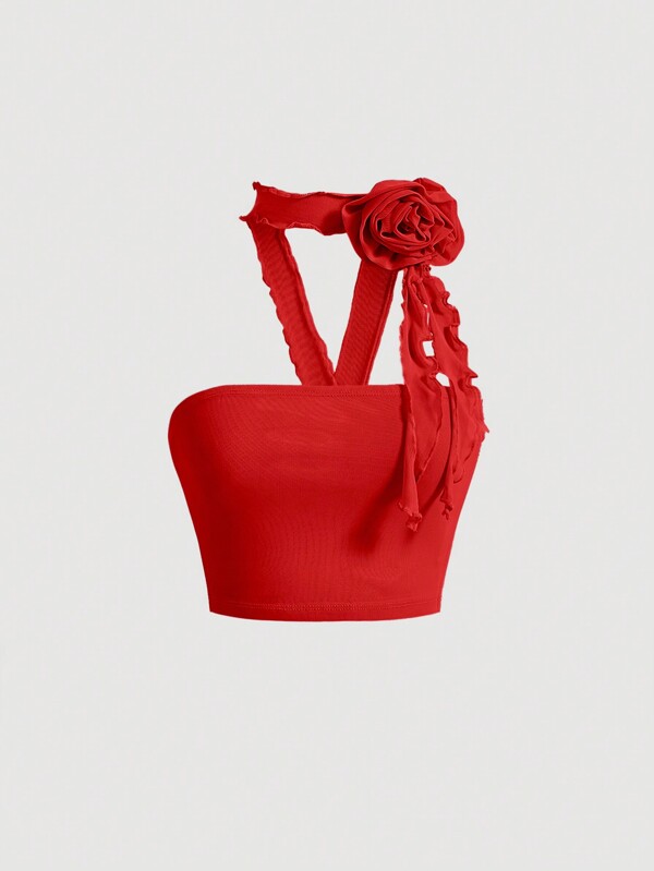 SHEIN MOD Top De Cultivo Halter Rojo Para La Noche De Citas De Verano Con Detalles 3d De Rosetas