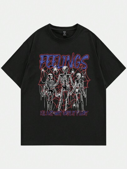 Goth Guys Letter & Skeleton Print Tee