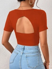 SHEIN Frenchy Áo thun nữ Cắt ra Gân đan màu trơn Giải trí - Màu Cam cháy - Xem 2