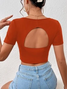 SHEIN Frenchy Áo thun nữ Cắt ra Gân đan màu trơn Giải trí - Màu Cam cháy - Xem 4