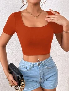 SHEIN Frenchy Áo thun nữ Cắt ra Gân đan màu trơn Giải trí - Màu Cam cháy - Xem 5