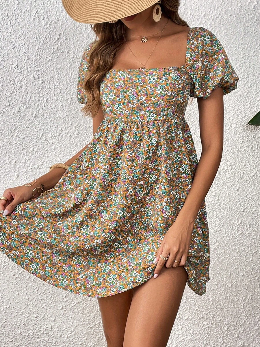 Soleia 碎花方領泡泡袖洋裝 - 彩色 - 查看 1