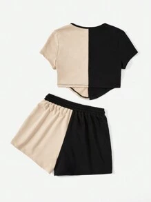 SHEIN EZwear de dos tonos con estampado de letra Camiseta crop & de cintura con cordón Shorts - Multicolor - Ver 2