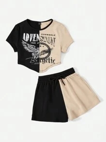 SHEIN EZwear de dos tonos con estampado de letra Camiseta crop & de cintura con cordón Shorts - Multicolor - Ver 3