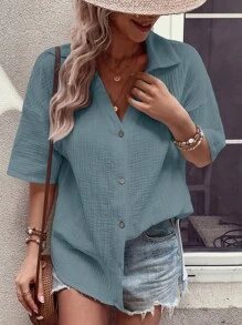 SHEIN LUNE Chất rắn Thả vai Nút phía trước Áo sơ mi - Màu xanh lam - Xem 1