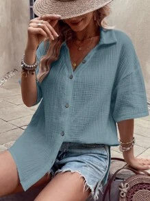 SHEIN LUNE Chất rắn Thả vai Nút phía trước Áo sơ mi - Màu xanh lam - Xem 3