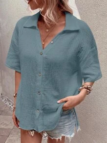 SHEIN LUNE Chất rắn Thả vai Nút phía trước Áo sơ mi - Màu xanh lam - Xem 4