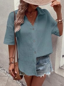 SHEIN LUNE Chất rắn Thả vai Nút phía trước Áo sơ mi - Màu xanh lam - Xem 5