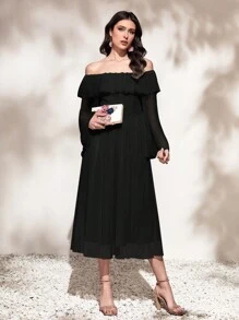 Modelyn 一字肩荷葉邊連衣裙 - 黑色 - 查看 3