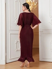 Modelyn Vestido rojo borgoña con volantes en el bajo y cinturón - Burdeos - Ver 2