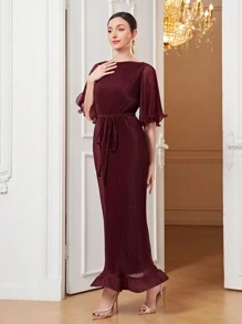 Modelyn Vestido rojo borgoña con volantes en el bajo y cinturón - Burdeos - Ver 3