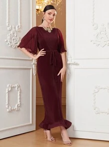 Modelyn Vestido rojo borgoña con volantes en el bajo y cinturón - Burdeos - Ver 5