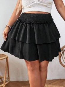 SHEIN VCAY 大碼高腰雙層下擺半身裙 - 黑色 - 查看 1