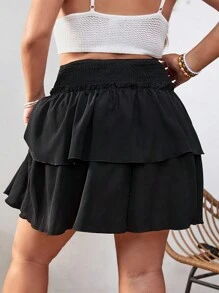 SHEIN VCAY 大碼高腰雙層下擺半身裙 - 黑色 - 查看 2