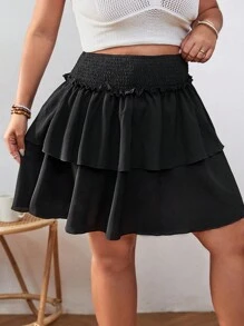 SHEIN VCAY 大碼高腰雙層下擺半身裙 - 黑色 - 查看 3