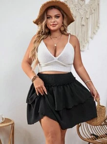 SHEIN VCAY 大碼高腰雙層下擺半身裙 - 黑色 - 查看 4