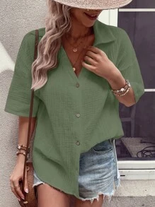 SHEIN LUNE Chất rắn Thả vai Nút phía trước Áo sơ mi - màu xanh lá - Xem 1