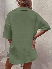 SHEIN LUNE Chất rắn Thả vai Nút phía trước Áo sơ mi - màu xanh lá - Xem 2