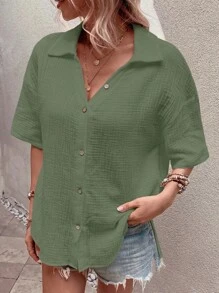 SHEIN LUNE Chất rắn Thả vai Nút phía trước Áo sơ mi - màu xanh lá - Xem 3