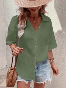 SHEIN LUNE Chất rắn Thả vai Nút phía trước Áo sơ mi - màu xanh lá - Xem 4