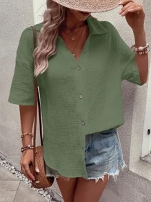 SHEIN LUNE Chất rắn Thả vai Nút phía trước Áo sơ mi - màu xanh lá - Xem 6