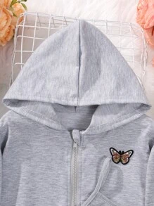 SHEIN cô gái mười hai In bướm Viền ven Váy Dây & Áo Zip Up Hoodie - Xám - Xem 3