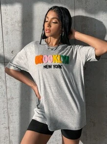 SHEIN Unity Áo thun nữ Lá thư Giải trí - Màu Xám nhạt - Xem 3