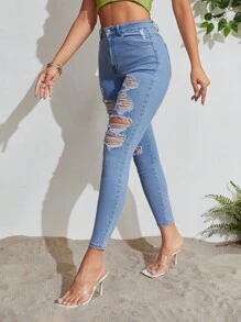 SHEIN Essnce Quần jean nữ Túi Bị tách Dây kéo màu trơn - Rửa nhẹ - Xem 2