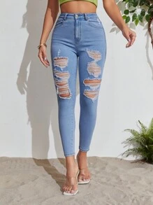 SHEIN Essnce Quần jean nữ Túi Bị tách Dây kéo màu trơn - Rửa nhẹ - Xem 5