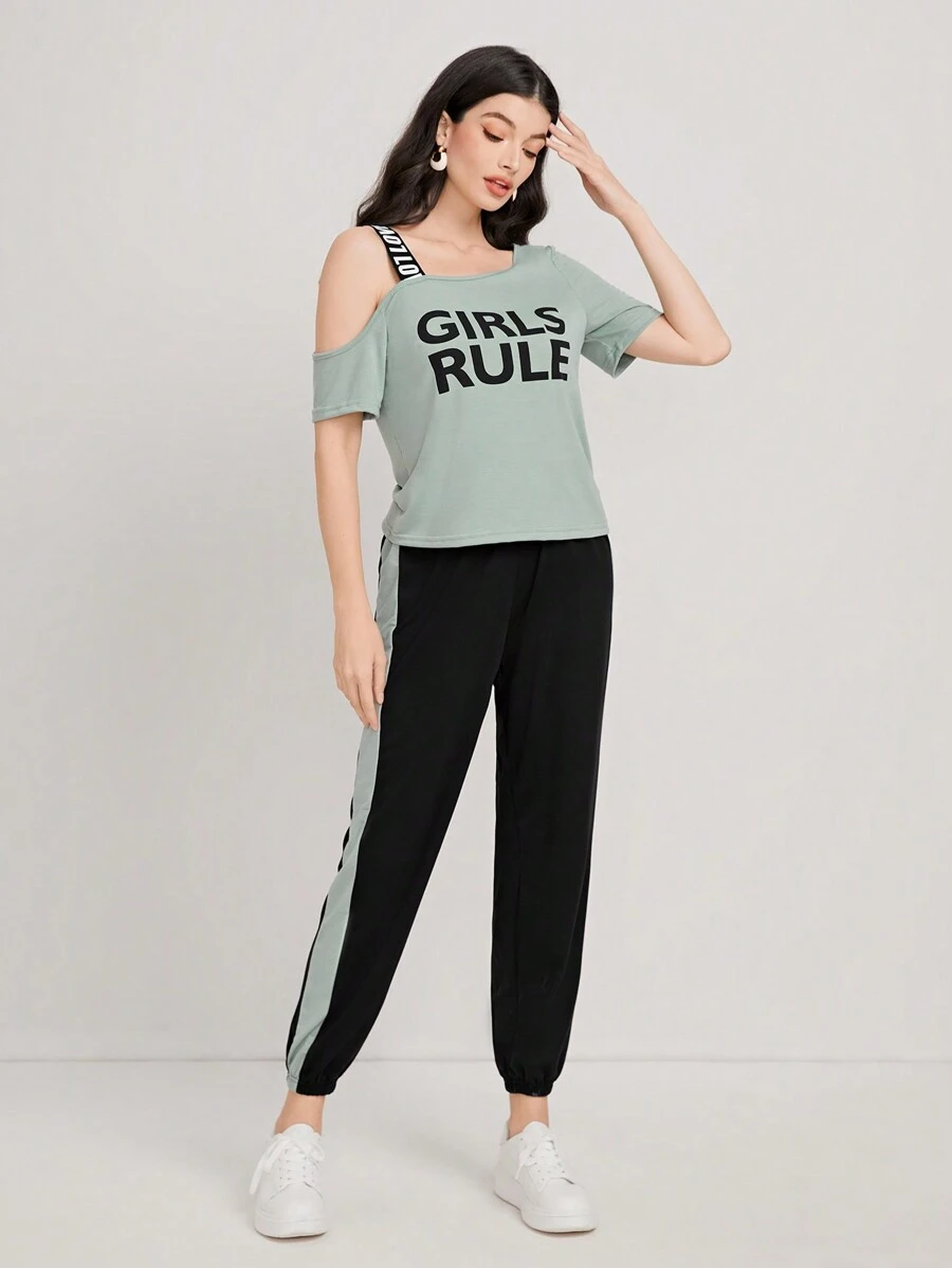 Mulvari Letter Graphic Asymmetrical Neck Tee & Joggers - Multicolor - View 1