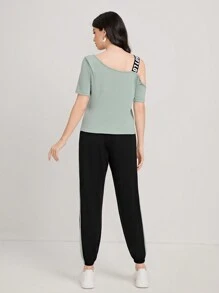Mulvari Letter Graphic Asymmetrical Neck Tee & Joggers - Multicolor - View 2