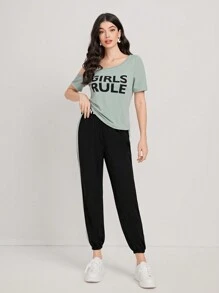 Mulvari Letter Graphic Asymmetrical Neck Tee & Joggers - Multicolor - View 3