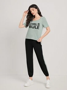 Mulvari Letter Graphic Asymmetrical Neck Tee & Joggers - Multicolor - View 4
